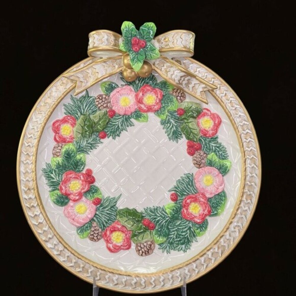 Fitz and Floyd Christmas Cookie Wreath‎ Wreath Bow Gold Collectible Canape Vtg